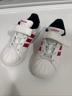 adidas Kids White Sneakers with Red Stripes and Velcro